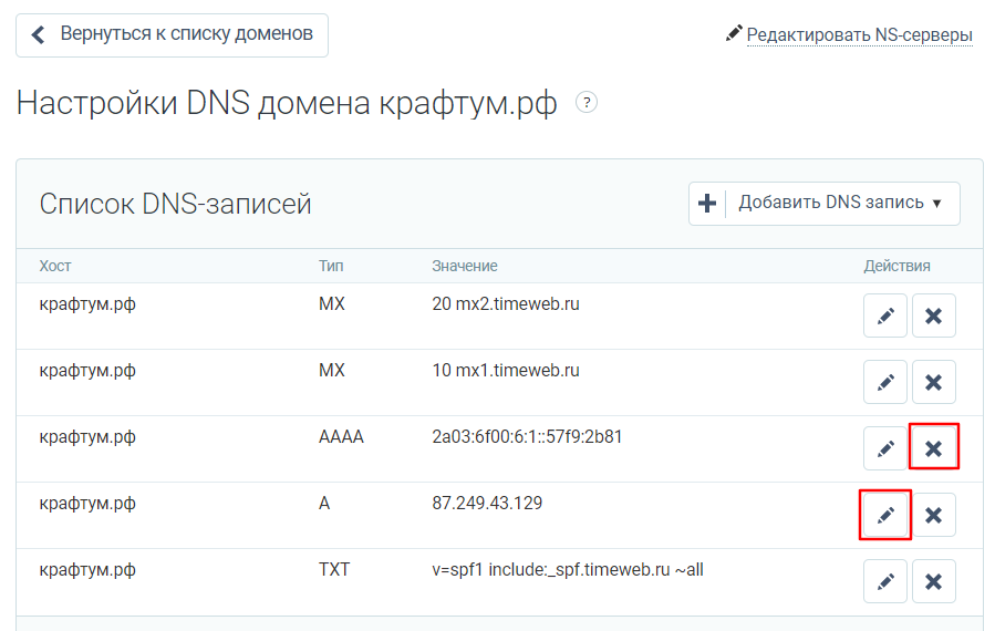 Параметры домена. Настройка на домен порт a AAAA txt.